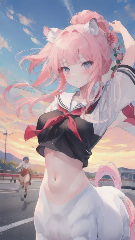 (best quality, masterpiece), 1 girl, centaur, I beg, White skin, Japanese schoolgirl,daughter,black pink, exposing the abdomen, belly button t-shirt, Beautiful girl perfect white tiger photo, Perfect running photo