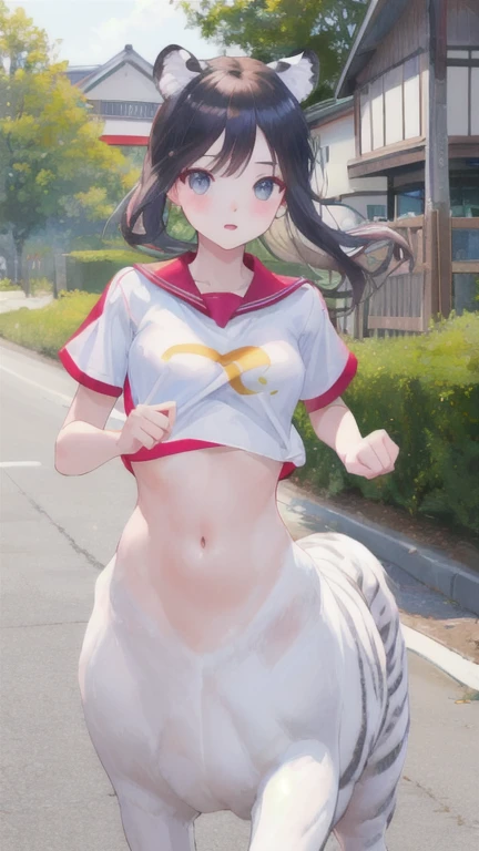 (best quality, masterpiece), 1 girl, centaur, I beg, White skin, Japanese schoolgirl,daughter,black pink, exposing the abdomen, belly button t-shirt, Beautiful girl perfect white tiger photo, Perfect running photo