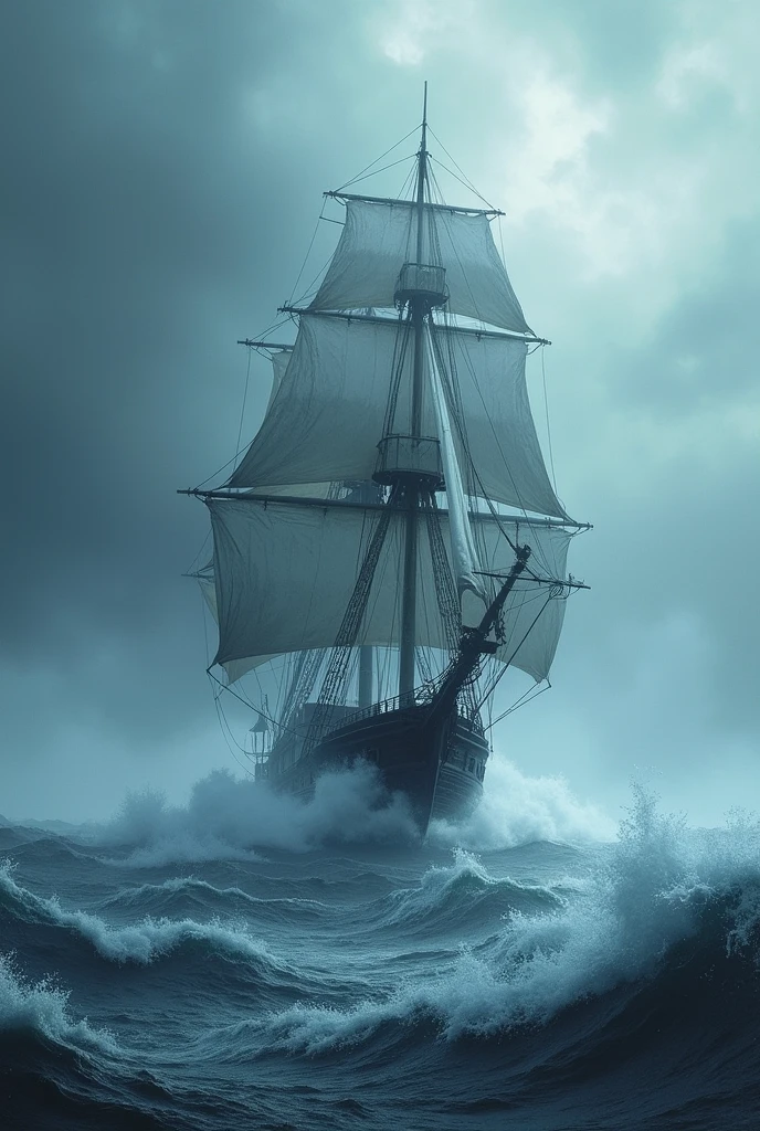 Ghost ship sailing over storm in Black Sea in winter.