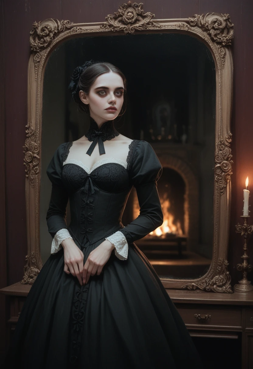 A dark and atmospheric oil painting featuring a stunning Victorian-era woman. She wears an elaborate, high-necked gown adorned with lace and intricate embroidery. Her expression is mysterious, with beautiful eyes that hint at hidden secrets. The setting is a dimly lit, gothic interior, with heavy velvet drapes, a grand fireplace, and an ornate, antique mirror reflecting the flickering light of a candelabrum. Shadows loom in the corners, and the air seems thick with an otherworldly presence, giving the scene an occult and eerie feel. ((Revelating Big boobs)), ((visble pussy))