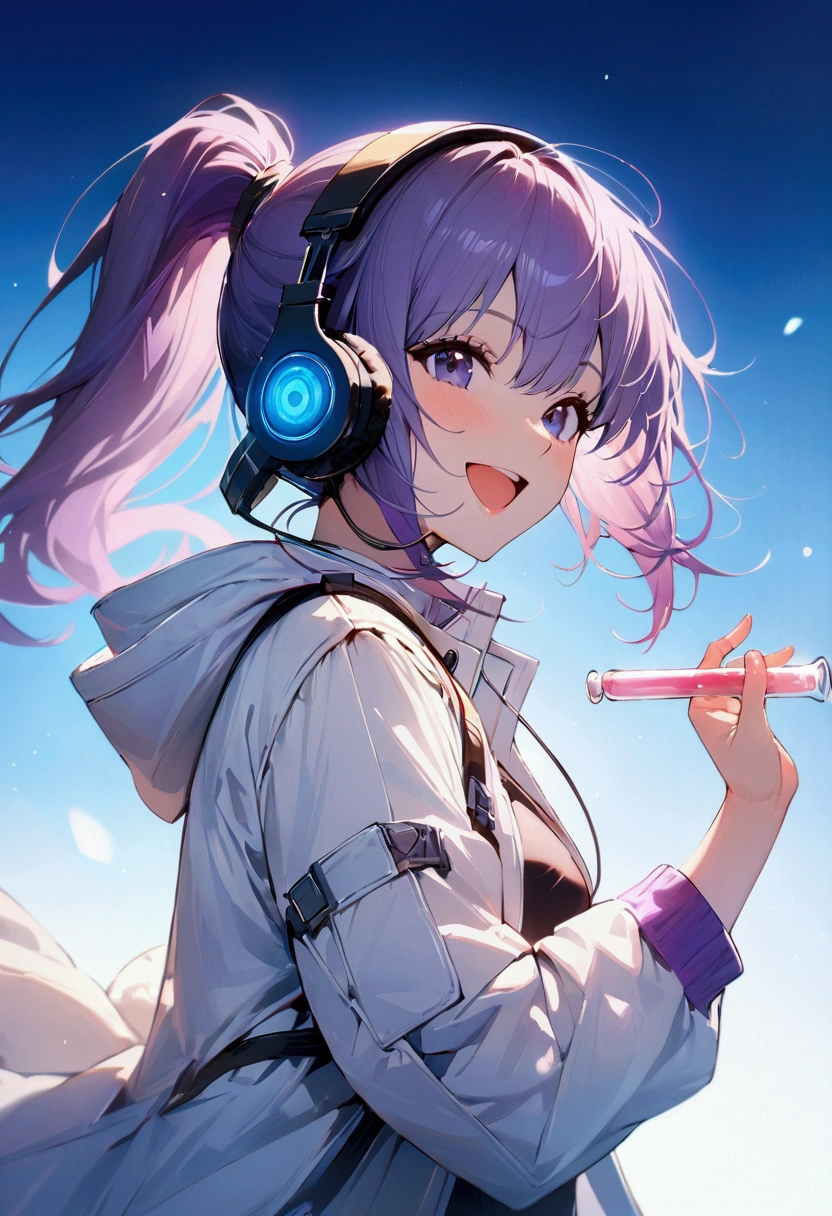 Purple hair color,ponytail,woman,Wearing a white coat,I have a test tube.,Cinema Lighting, (masterpiece:1.2), 最high quality, high quality, High resolution, (Super detailed), Detailed Background, One person,headphone,smile,Light background,blue sky,Have fun and laugh,