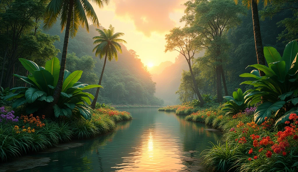"Create an ultra-realistic scene of a rainforest at dusk. Capture the lush greenery with bright leaves and colorful flowers. Include a calm river reflecting the warm colors of the sunset.
