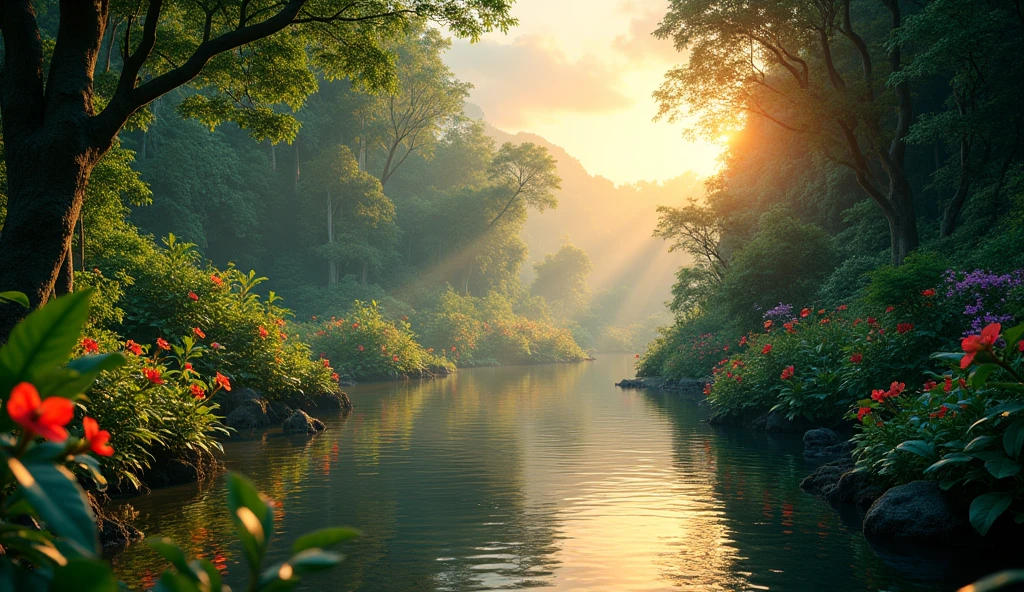 "Create an ultra-realistic scene of a rainforest at dusk. Capture the lush greenery with bright leaves and colorful flowers. Include a calm river reflecting the warm colors of the sunset.