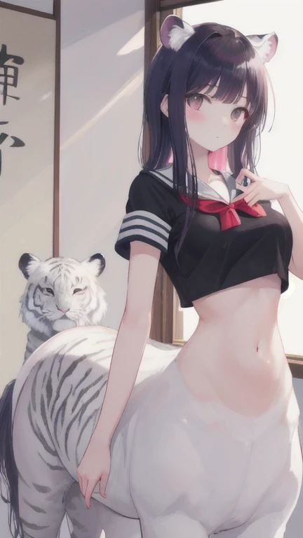 (best quality, masterpiece), 1 girl, centaur, I beg, White skin, Japanese schoolgirl,daughter,black pink, exposing the abdomen, belly button t-shirt , 아름다운 소녀 perfect white tiger photo, perfect white tiger photo