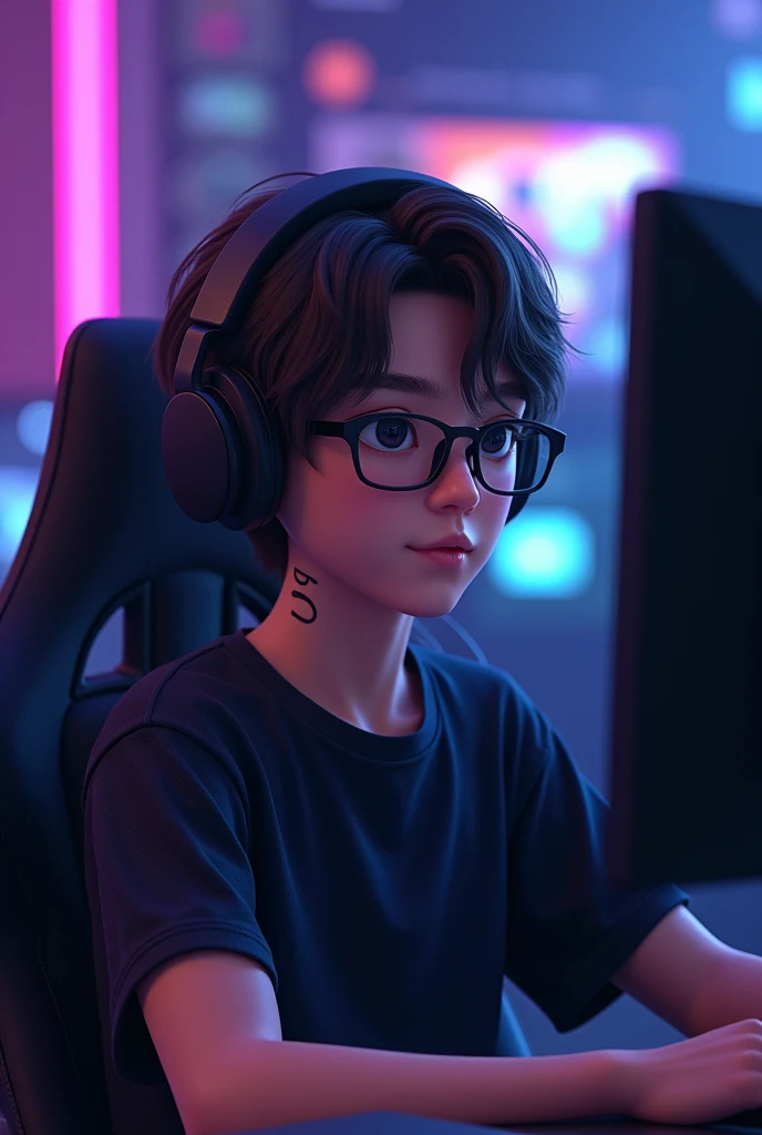 make a picture of a white guy, with square glasses, the nose is a little big ,straight dark brown hair, make him sit in a gamer chair as if he were doing a live stream and on his neck a small tattoo saying "GN9", he&#39;s doing a live on Twitch
