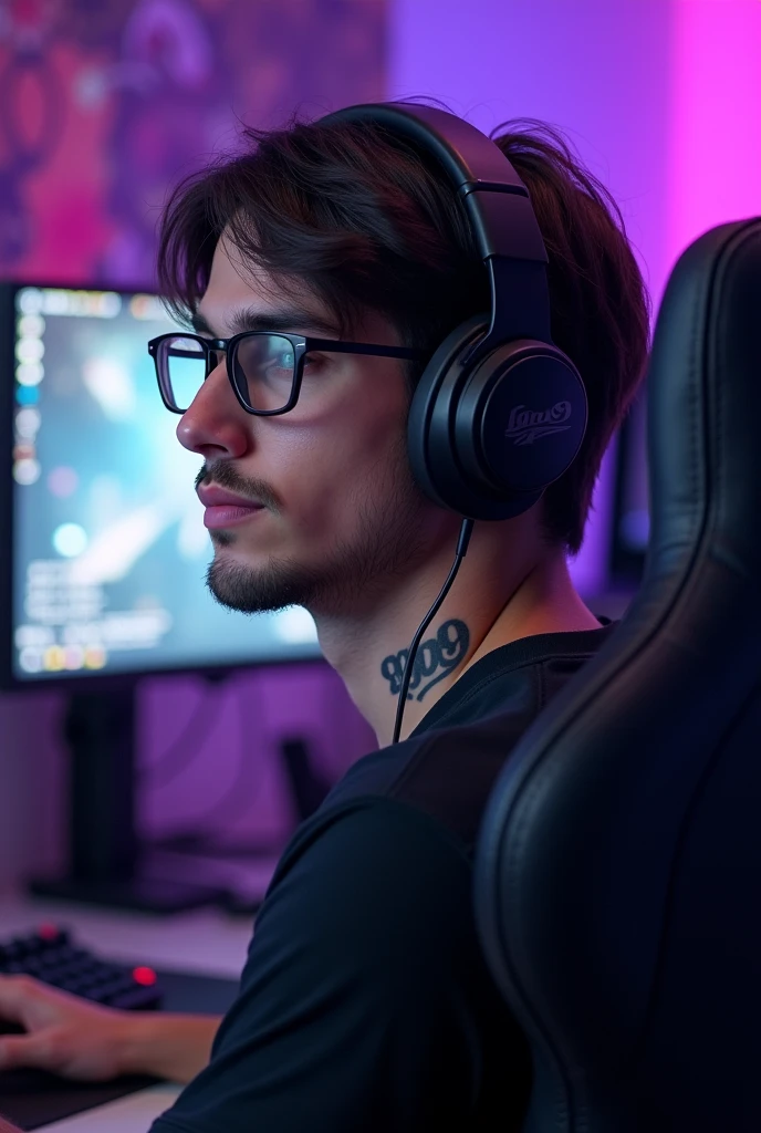 make a picture of a white guy, with square glasses, the nose is a little big ,straight dark brown hair, make him sit in a gamer chair as if he were doing a live stream and on his neck a small tattoo saying "GN9", he&#39;s doing a live on Twitch
