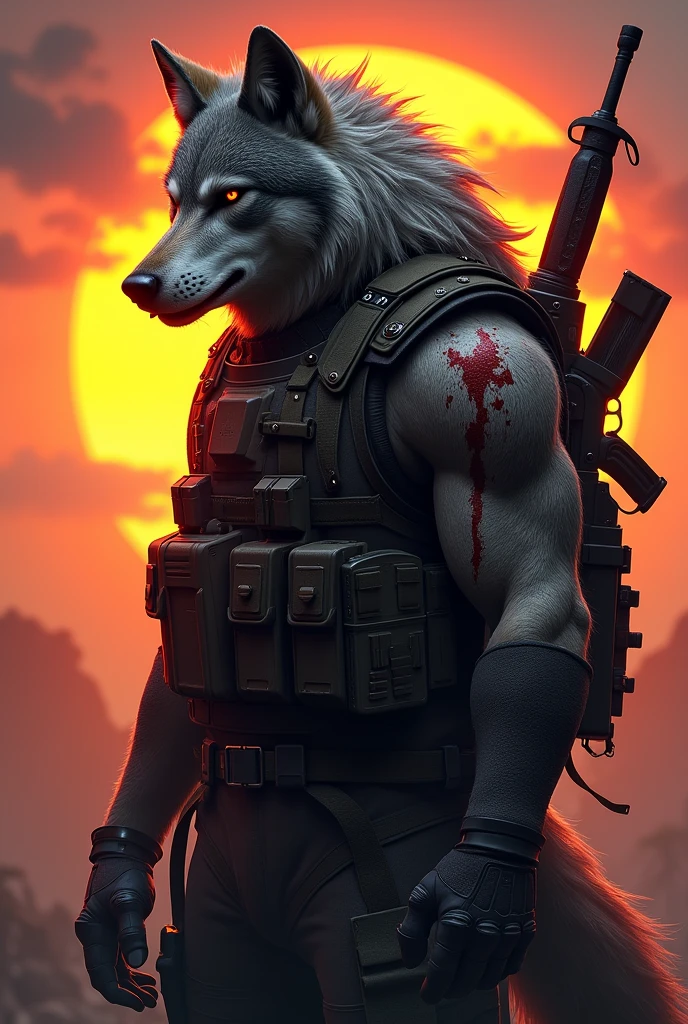 A wolf having blood stains on its forehead, wearing a commando suit and having guns and swords in the back and sunsetting in the background