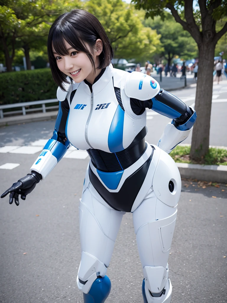 Japanese female android,Black Hair,White and blue robot suit,Plump,Dancing in the park,smile