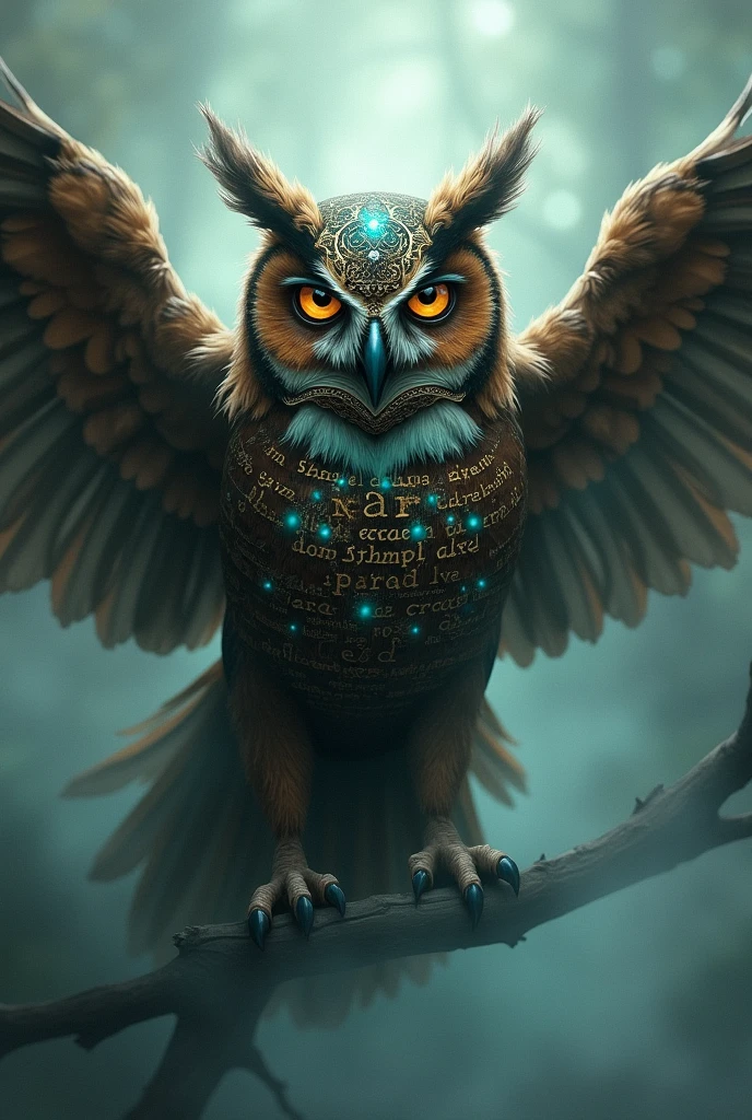 Owl tears shroud with open wings, eyes shining in turquoise blue and golden writings on his body