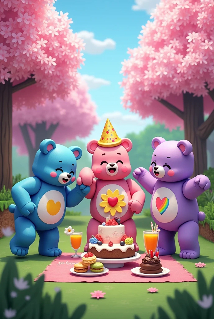 Birthday images amidst cherry blossom trees in the world of Minecraft. From right to left, a blue bear with a moon-shaped belly is about to give a gift but trips and falls. A pink bear with a red heart-shaped flower belly is happy for its 20th birthday. A light pink bear with a rainbow-shaped belly is shocked to see me trip and fall. A smiling purple bear is pointing and laughing at the blue bear with a moon-shaped belly. Desserts on the high table include macarons, dark chocolate cupcakes, fruit juice, orange juice, a 2-tiered fruit cake, and a vase of white lilies. There are the words &quot;Happy birthday to you&quot; and an anime picture.