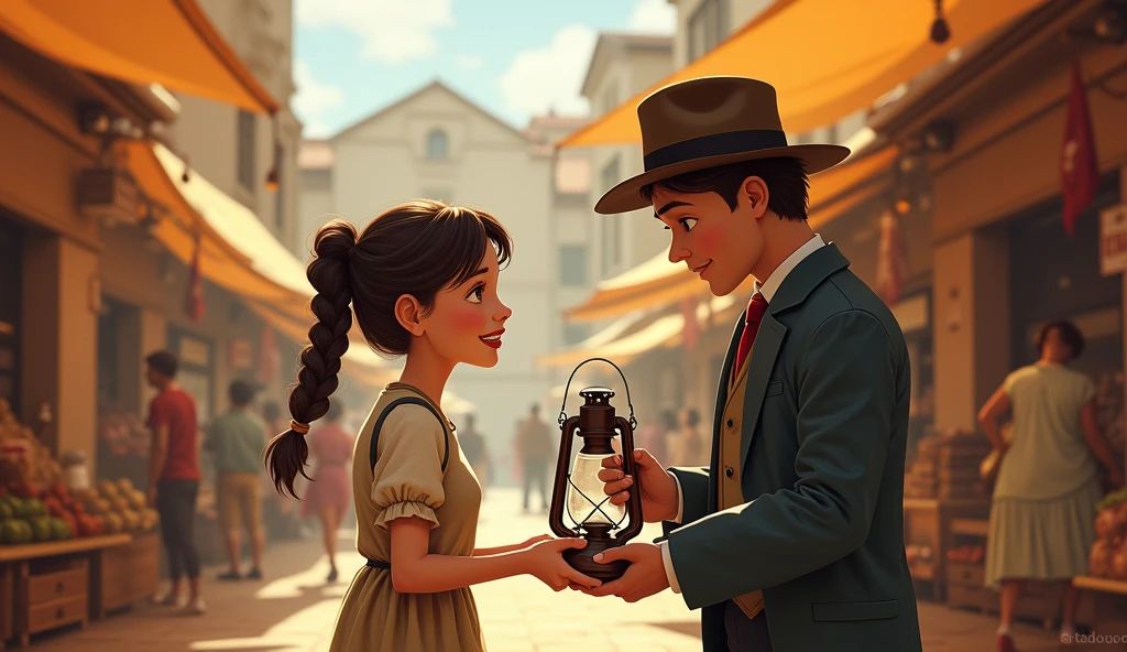 Character Description: Lily, now more confident, stands with a bright smile, her braid neatly tied, and her dress clean but simple. Her youthful energy is balanced with a new sense of pride and accomplishment. Her eyes are filled with hope and excitement.
Prompt: A vintage-style illustration of Lily in the market, proudly showing the polished lantern to an impressed merchant. The merchant, dressed in a suit and hat, examines the lantern closely, clearly admiring its condition. The market scene is bustling with activity, with villagers browsing the various stalls. The colors are rich and warm, capturing the late afternoon light as it filters through the market awnings