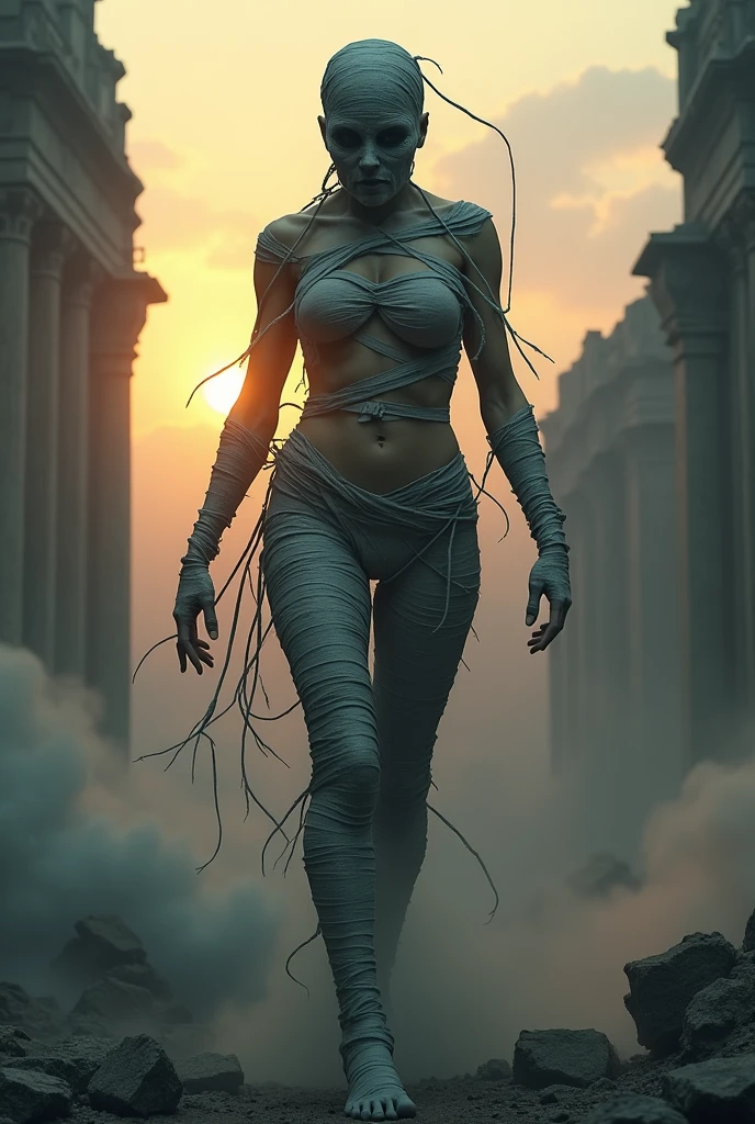 Imagine 😀, 35mm film photography, full-body, naaked woman, ultra detailed shot of a mummy the body purifies in a female shape, covered bandage, dirty, Muscle fibers, dust, bandage mummy, motion effects, ruins of old city background, nakeed, poorn, senssual body, sexxy, big booobs, at twilight, explosion, smoke, fog, sinister beauty, realistic, detailed face, octane render, intricately detailed, trending on artstation, Isometric, awesome full color, high definition, cinematic, neoprene, style, bioluminescent, 8 life-size, 8k Resolution, curiously complete, elegant