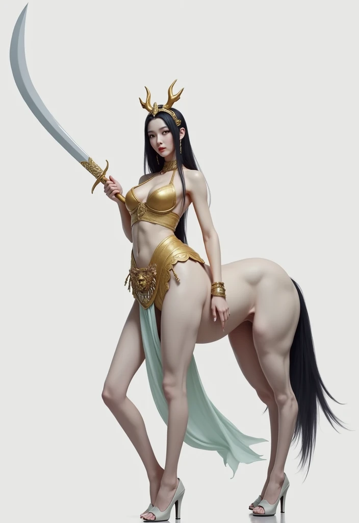 masterpiece,(Best quality:1.3),Centaur girl,lora:Centaur girlV1.0:0.6,(Icefield:1.3),(Head and body 1:9:1.3)Nine-head body,Holding a three-pointed two-edged knife,A dog under the crotch,Ancient mythology character Erlang Shen costume,Full body golden ancient Chinese armor,Golden headdress,Elegant, beautiful and elegant,All four legs are the same thickness,Ancient Chinese warframe,Mythological Characters Costumes,Background of the picture: Ancient Chinese Heavenly Palace,Mythology Background,Luck is surrounded by colorful clouds,Smooth skin,Black Hair,Perfect facial features,Full breasts,(Leather belt bracelet neck: 1.4),(White crystal high heels: 1.6),Fair and translucent skin,Pale skin,Peach-like skin,The milky white porcelain skin of the eggs