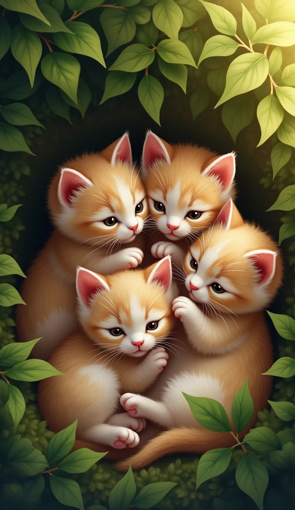 The kittens, Fluffy, Whiskers, and Mittens, huddle together under a bush)