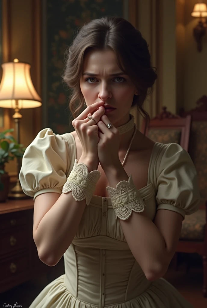 Create several images of a Victorian woman holding her nose in disgust because something stinks