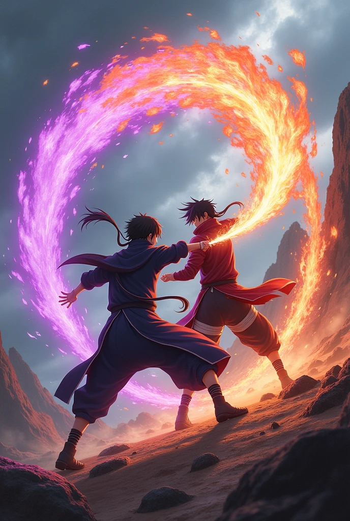 Make a girl as an uchiha and boy as hyuga make them fight like naruto and sasuke the girl uses chidori and the boy uses a rasengan the girl purple and the boy orange the girl as a uchiha cloths and the boy as a hyuga cloths
