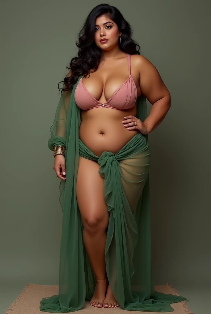 A sexy thick gujarati indian lady with a very huge round shining hanging and long cleavage line visible in a sexy folded green trandprent saree & pink single tripe bra. Also revealing her underarms and Navel. And spread leg pussy showing