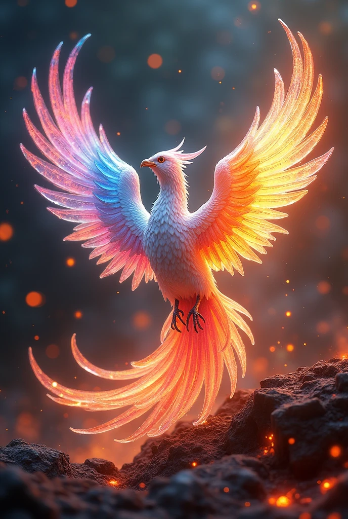 Crystal Phoenix: A majestic bird with crystal feathers that shine in all the colors of the rainbow. Has the power to rise from the ashes,  healing wounds and bringing hope.