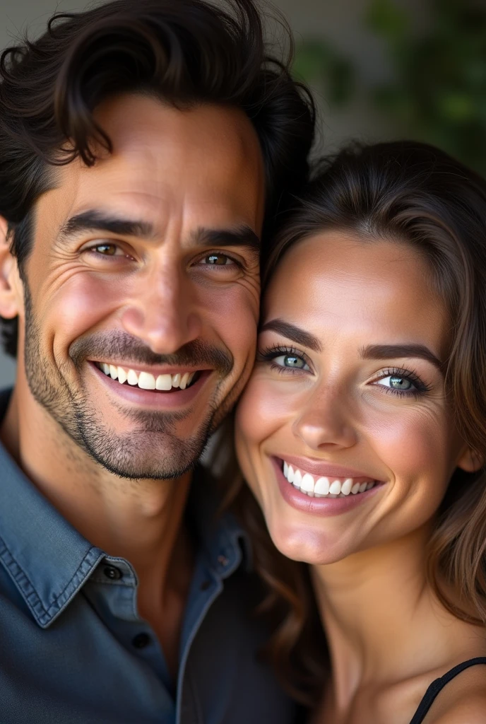 A black-eyed man and a blue-eyed woman pose together for a photo, both smiling and looking at the camera.