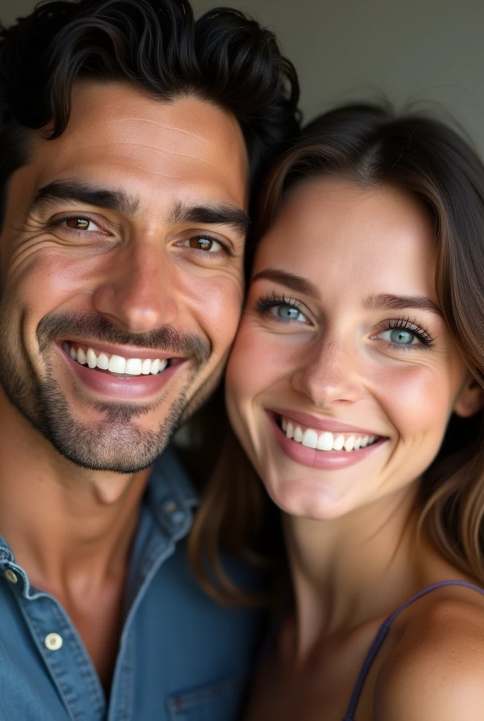 A black-eyed man and a blue-eyed woman pose together for a photo, both smiling and looking at the camera.