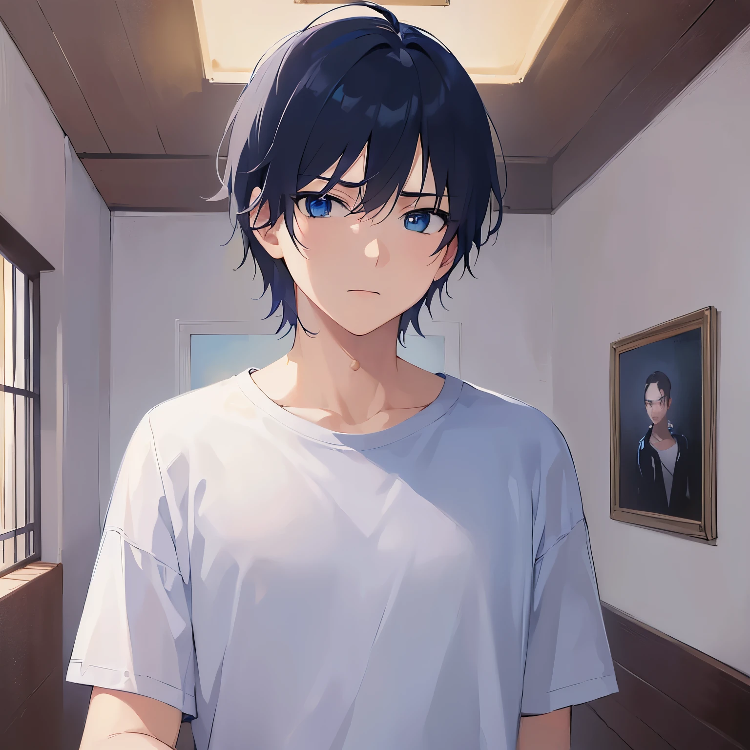 (night:1.5), Close-up of your face、masterpiece、Highest quality、(2 male:1.5) and (Black short hair) and (blue eyes), White T-shirt、Are standing、Serious expression, The background is the living room、alone、