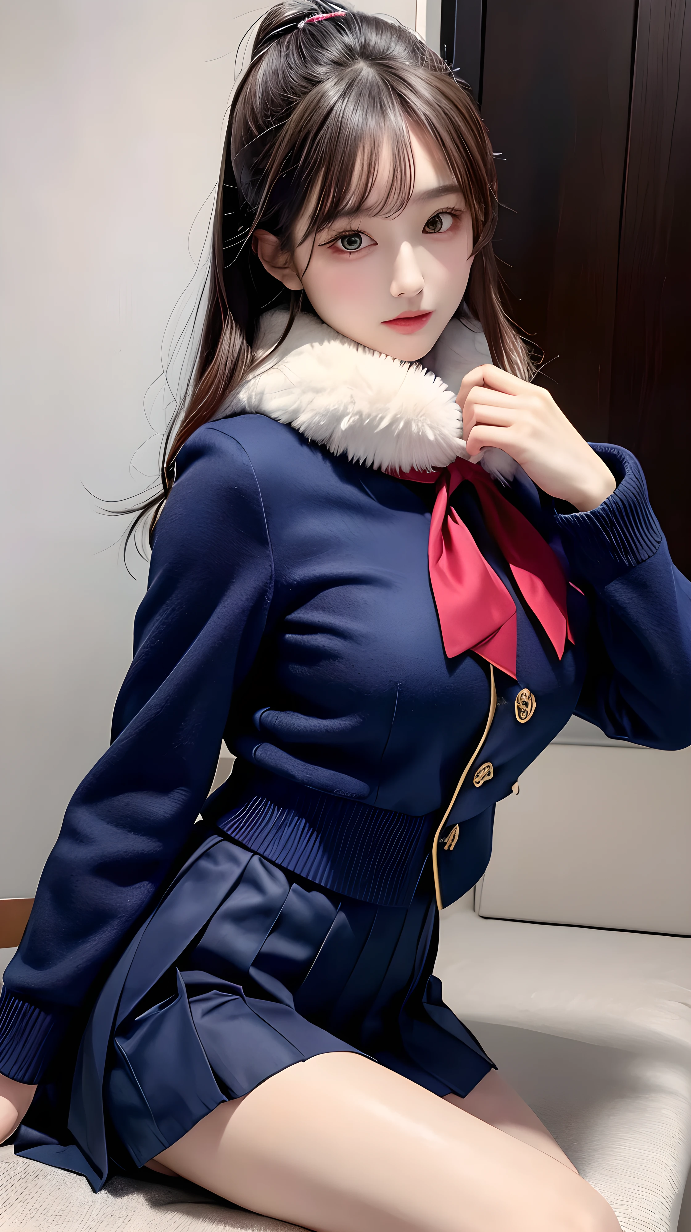 ((best quality)), ((masterpiece)), (detailed), perfect face, beautiful Japanese 1 woman, silk tight navy blue moncler puffer coat, seductive, face and body focus, large breasts, school uniform, silk blouse, pleated skirt, photorealistic, fluffy fur hood, photorealistic, photograph, shiny blouse, silk tie