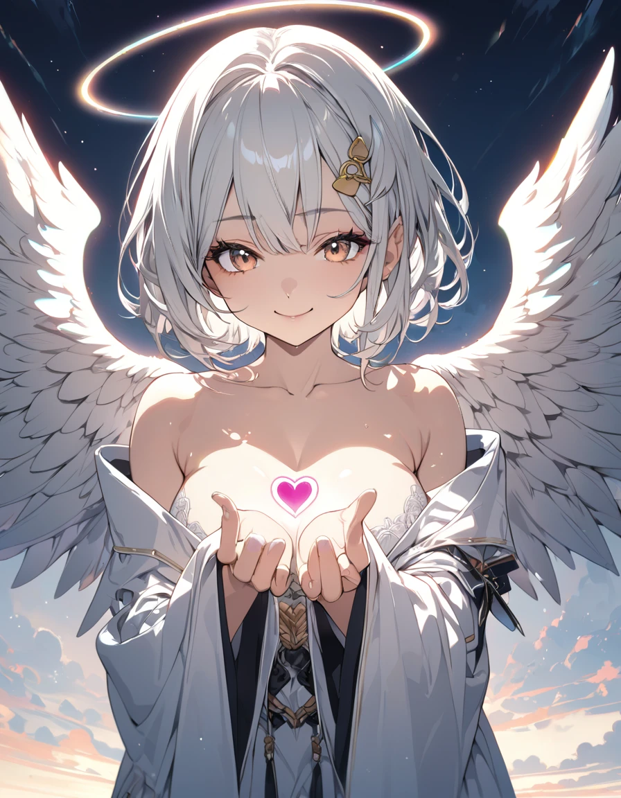 (masterpiece)、(absurdres)、(ultra detailed)、(8k),Anatomically correct,anime illustration,(Angel wings:1.3),(solo girl),(white hair),shortcut hair,(middle breast:0.9),(white robe:1.2),BREAK,(yellow hairpin:1.0),BREAK,smile,colorful cinematic lighting:1.3,Floating heart on hands,looking down:1.1,sky,