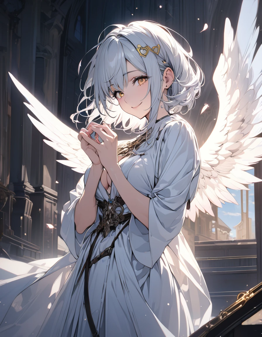 (masterpiece)、(absurdres)、(ultra detailed)、(8k),Anatomically correct,anime illustration,(Angel wings:1.3),(solo girl),(white hair),shortcut hair,(middle breast:0.9),(white robe:1.2),BREAK,(yellow hairpin:1.0),BREAK,smile,colorful cinematic lighting:1.3,Floating heart on hands,looking down:1.1,sky,