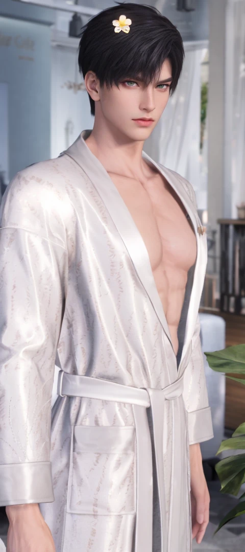 male handsome, high resolusion, adult, , perfect face, detailed face, muscular, black eyebrows, black eyelas, real skin texture, detail Perfect hand, Real and complete hand details, unreal engine, hd picture, short hair, green to orange eyes, eye details, white skin, Zayne, love and deep space, Solo,