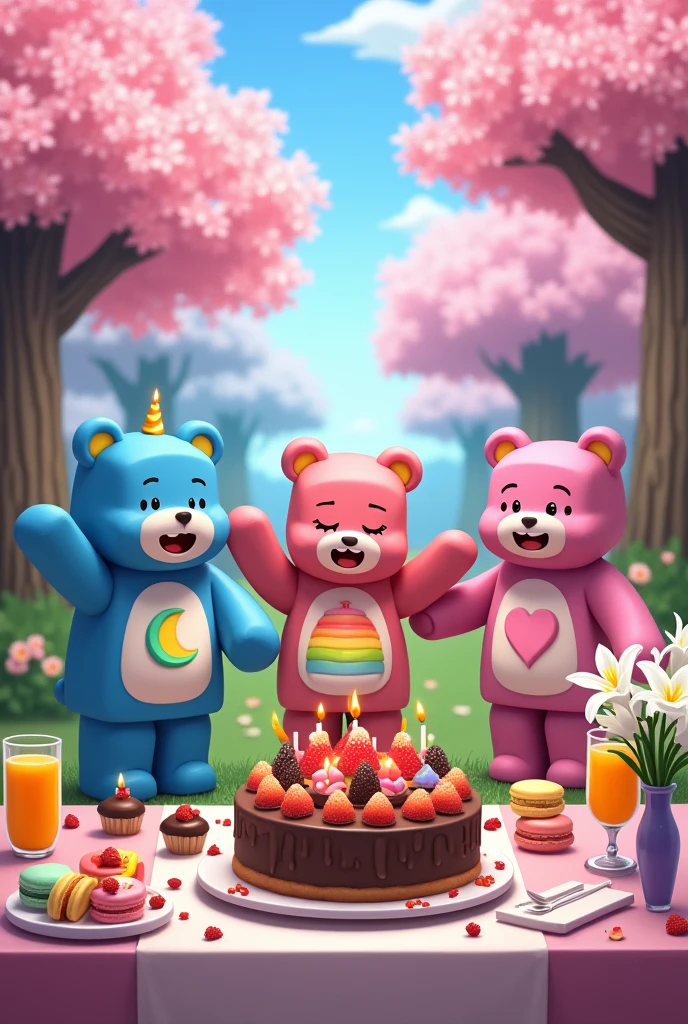 Birthday images amidst cherry blossom trees in the world of Minecraft. From right to left, a blue bear with a moon-shaped belly is about to give a gift but trips and falls. A pink bear with a red heart-shaped flower belly is happy for its 20th birthday. A light pink bear with a rainbow-shaped belly is shocked to see me trip and fall. A smiling purple bear is pointing and laughing at the blue bear with a moon-shaped belly. Desserts on the high table include macarons, dark chocolate cupcakes, fruit juice, orange juice, a 2-tiered fruit cake, and a vase of white lilies. There are the words &quot;Happy birthday to you&quot; and an anime picture.