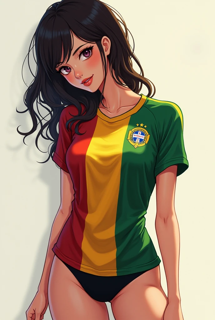 Create an anime woman in panties with the sexy São Paulo Football Club tricolor shirt