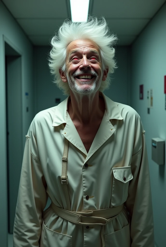 Man with white hair and red eyes, happy, with a smile, instead, with a long-sleeved straitjacket, inside a room in a psychiatric hospital. cheered up.