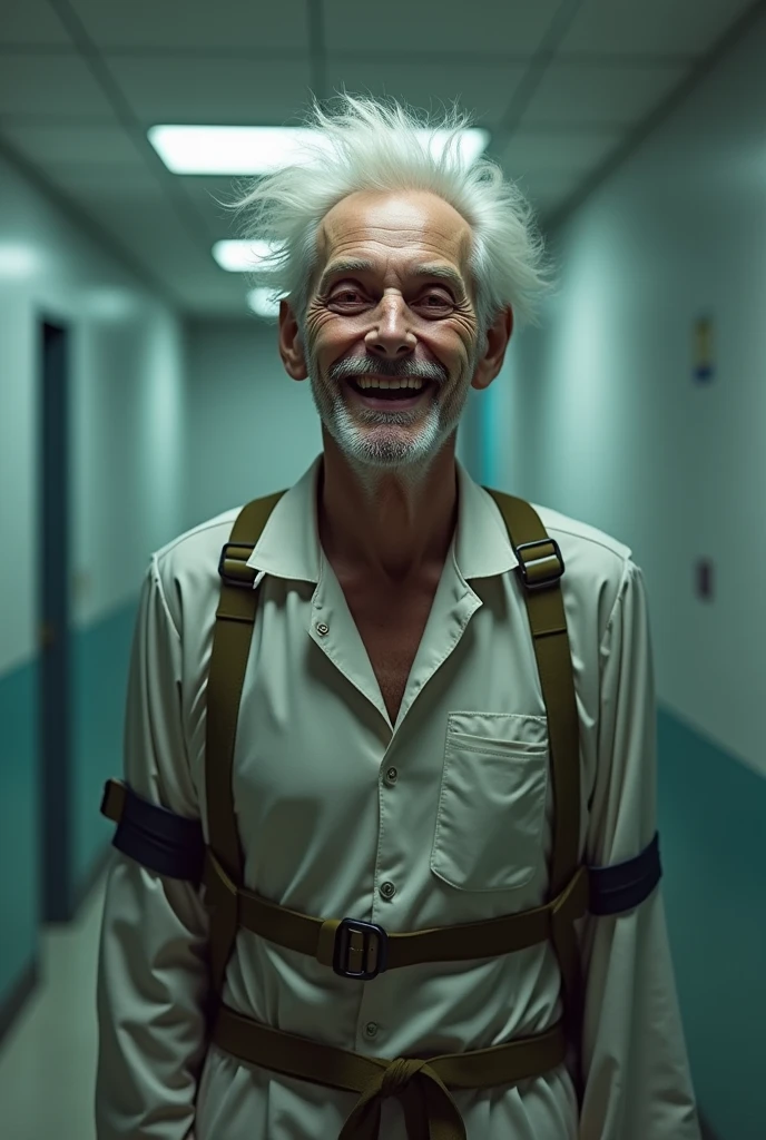 Man with white hair and red eyes, happy, with a smile, instead, with a long-sleeved straitjacket, inside a room in a psychiatric hospital. cheered up.