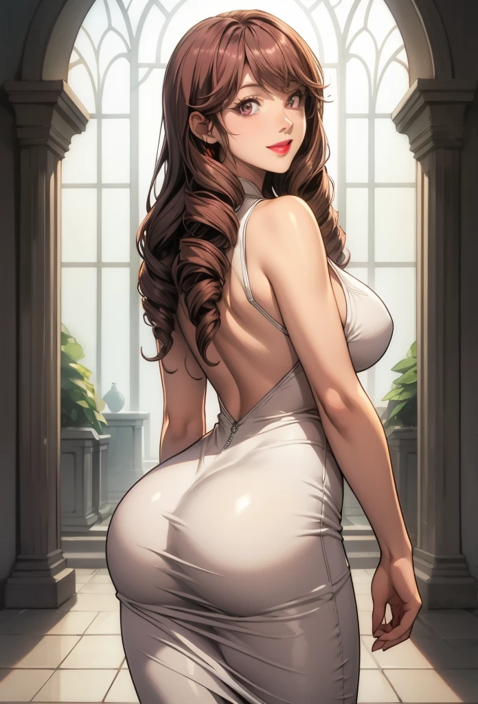 perfect eyes:1.2, detailed eyes:1.4, smile, Kurayoshi_R, long hair, breasts, pink eyes, drill hair, lipstick, white dress, sleeveless dress, long dress, tight dress, cowboy shot, 1girl, solo, (masterpiece:1.6, best quality), 8k, insane details, intricate details, hyperdetailed, hyper quality, high detail, ultra detailed, professional, HDR, ray tracing reflection, cinematic lighting,
