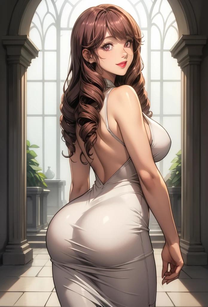 perfect eyes:1.2, detailed eyes:1.4, smile, Kurayoshi_R, long hair, breasts, pink eyes, drill hair, lipstick, white dress, sleeveless dress, long dress, tight dress, cowboy shot, 1girl, solo, (masterpiece:1.6, best quality), 8k, insane details, intricate details, hyperdetailed, hyper quality, high detail, ultra detailed, professional, HDR, ray tracing reflection, cinematic lighting,
