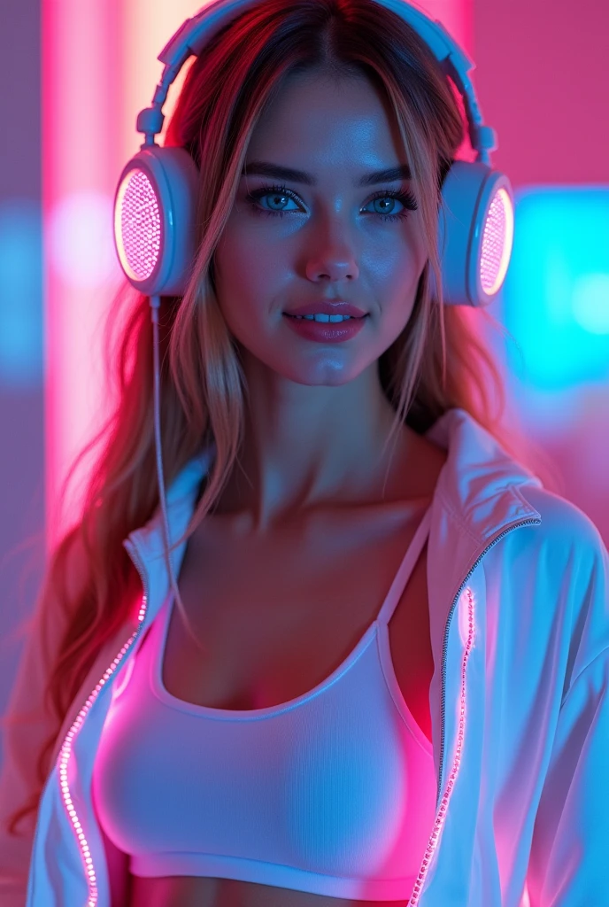 best quality, 8k.
beautiful young woman, long hair, neon, blue colored eyes.
Uses a large headset with pink LED light.
She wears a white tank top and a white jacket with LED lights..
He looks directly at the camera with a confident and happy expression..
Centralize images.