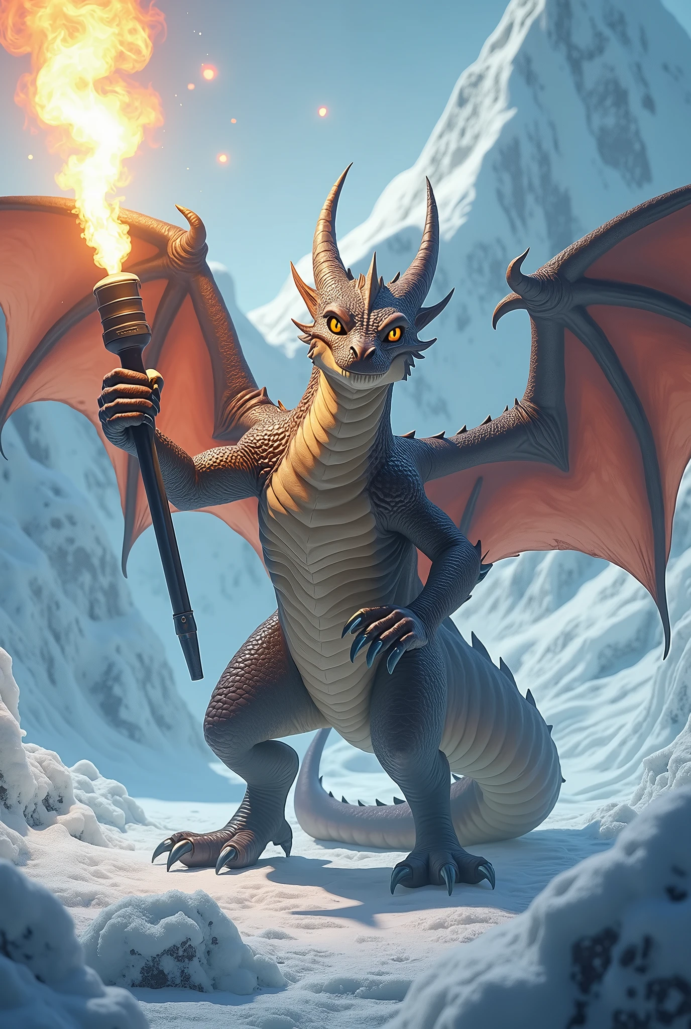 Dragon, (flamethrower), in Antarctica, ice, looking at the viewer, horns, quality,