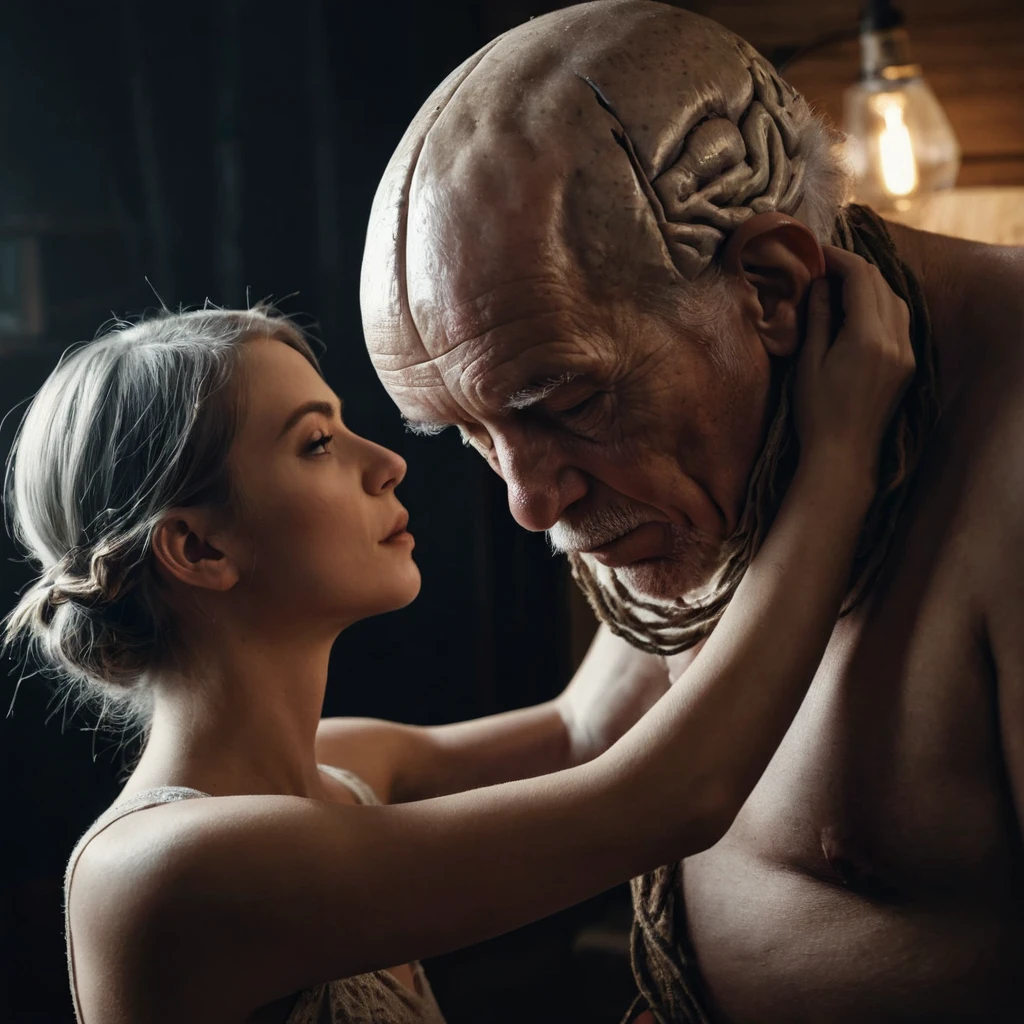 (old man with exposed brain, a girl dancing with wooden worm inside brain, intricate anatomy, cinematic lighting, hyper detailed, dark fantasy,chiaroscuro,moody,dramatic,surreal,conceptual)