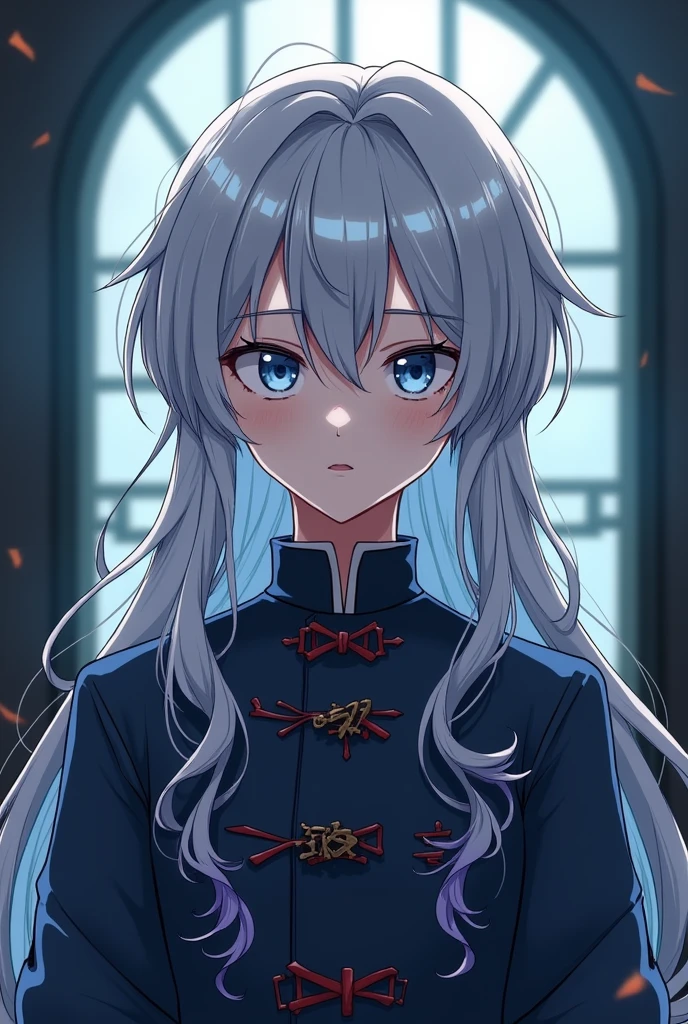 Anime style illustrations。A teenage boy with silver hair、Has long hair。Eye color is blue。Wearing a Chinese dress、A mole on the eyelid is characteristic。In sophisticated style、Has a mysterious and cool vibe。
