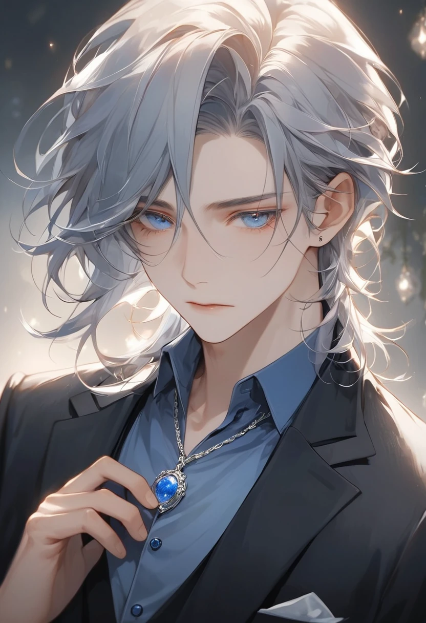 The image depicts a young man with an androgynous and ethereal appearance, with fine and delicate lines. Seu cabelo, which is long and slightly wavy, falls softly over your shoulders and frames your face elegantly. The hair color is a vibrant shade of red, a rich and intense blend of copper and scarlet, which contrasts beautifully with her fair, pale skin.
His eyes are a vivid, piercing blue, almost hypnotic, conveying a sense of mystery and depth. The look is serene, but charged with emotion, with long eyelashes that further accentuate its intensity. His eyebrows are thin and well delineated, complementing the harmony of your features.
He's dressed smartly, wearing a dark blue shirt underneath a well-fitted black blazer. The shirt collar is open, revealing a silver chain necklace with a large, ornate pendant, containing a luminous blue stone, that seems to almost glow with a light of its own.
His expression is calm and introspective, reflecting a mixture of serenity and a slight touch of melancholy. The soft light that illuminates the surrounding environment creates a delicate halo around it., highlighting the brightness of her red hair and the clarity of her eyes. Ao fundo, there is a slightly blurred environment, with soft tones and sparkling lights, which add an almost magical and mysterious atmosphere to the scene.