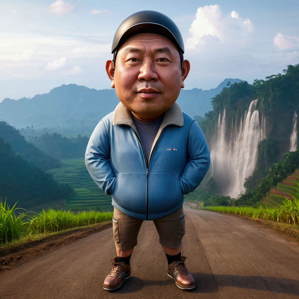 Realistic 4D caricature photo, big head, a middle-aged man with an Indonesian face, 50 years old, chubby,clean face, round face,short neat black hair, wearing a racing bike outfit, wearing a bike helmet, sports sneakers, posing while riding a federal bike while facing forward, with a beautiful rice field road in the background