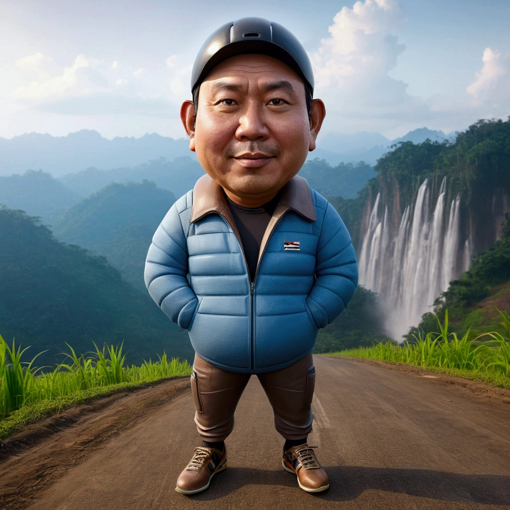 Realistic 4D caricature photo, big head, a middle-aged man with an Indonesian face, 50 years old, chubby,clean face, round face,short neat black hair, wearing a racing bike outfit, wearing a bike helmet, sports sneakers, posing while riding a federal bike while facing forward, with a beautiful rice field road in the background