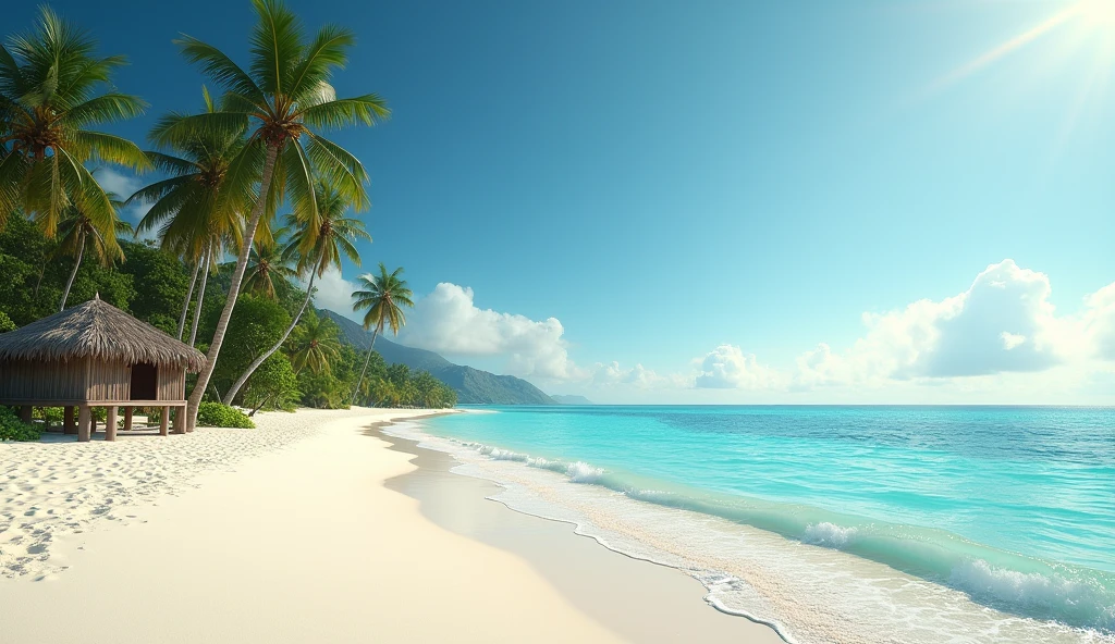 "Create an ultra-realistic image of a deserted beach with white sand and crystal clear waters at midday. Show the calm sea with gentle waves, leaning coconut trees and a thatched hut in a corner. Detail the intense sunlight, sharp shadows and the texture of the sand."