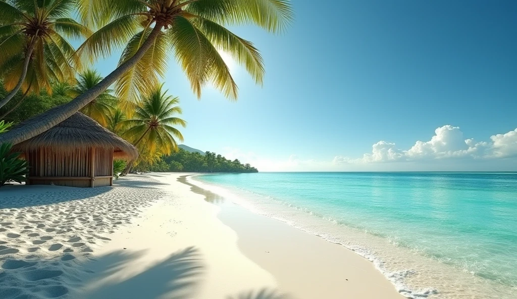 "Create an ultra-realistic image of a deserted beach with white sand and crystal clear waters at midday. Show the calm sea with gentle waves, leaning coconut trees and a thatched hut in a corner. Detail the intense sunlight, sharp shadows and the texture of the sand."
