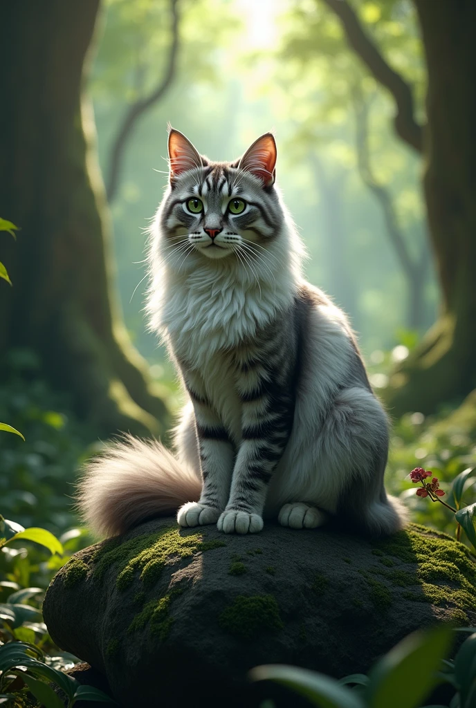 "A highly detailed and realistic image of a silver white and grey Maine Coon cat with long, fluffy fur and striking green eyes. The cat is sitting gracefully on a large moss-covered rock in the middle of a dense forest. Surrounding the cat are tall trees with sunlight filtering through the leaves, casting dappled shadows on the forest floor. The cat's fur has a slight sheen, reflecting the natural light, and the overall scene exudes a peaceful, natural ambiance
