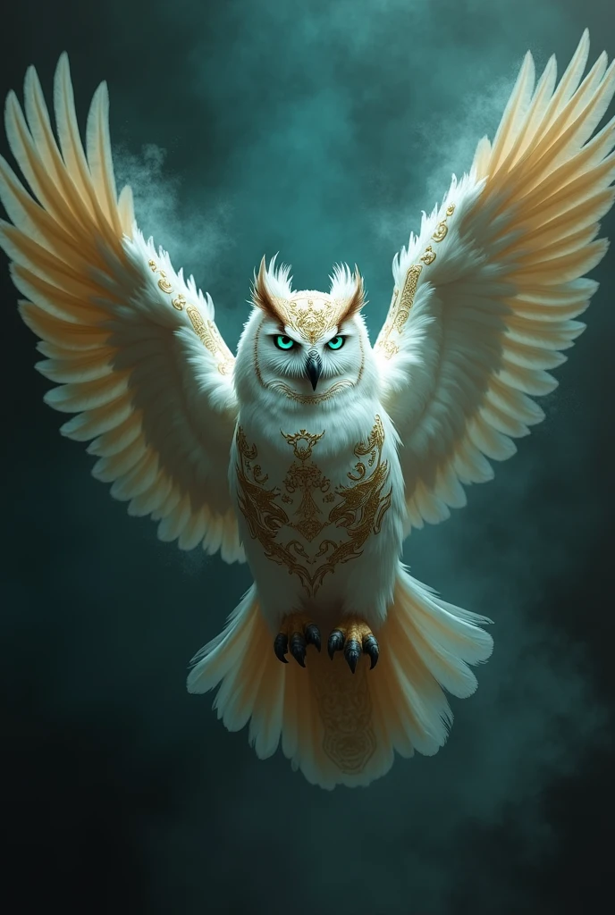 White and brown owl tears shroud with wings open, eyes shining turquoise blue, golden writings on your body