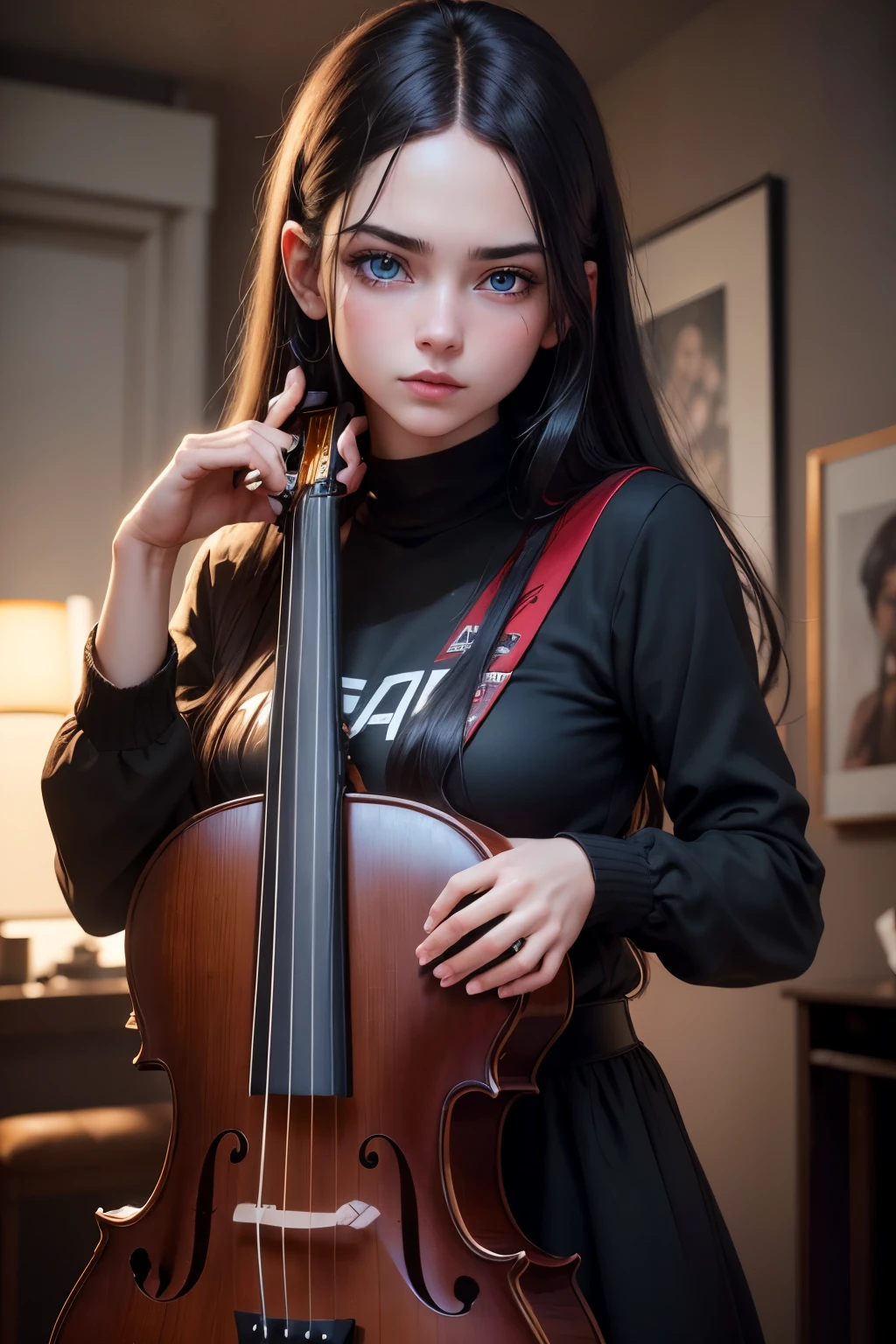 a European child girl with long black hair, arrogant expression, bright blue eyes, red chic modern streetwear clothes, musician, cello player, beautiful detailed eyes, beautiful detailed lips, extremely detailed eyes and face, long eyelashes, portrait, photorealistic, photo-realistic:1.37, (best quality,4k,8k,highres,masterpiece:1.2),ultra-detailed,(realistic,HDR),studio lighting,ultra-fine painting,sharp focus,physically-based rendering,extreme detail description,vivid colors,bokeh, american plan