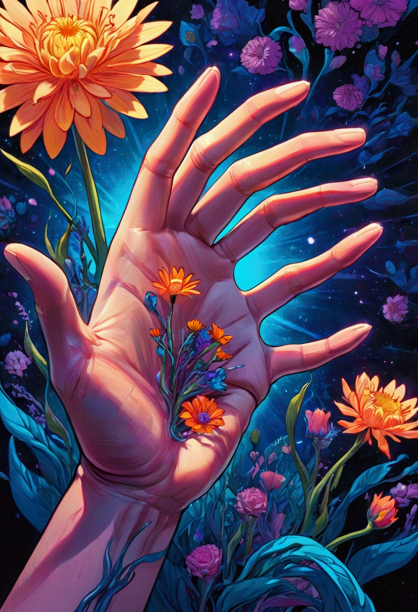 futuristic, glowing hands grasping for glitch flowers just out of reach, hyper-detailed illustration, vibrant comiccore, bold, colorful portrait, precisionist lines, dreamscape, abstract anatomy, rule of thirds,