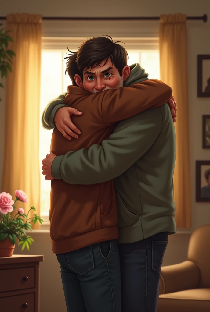 The father embraces his son tightly, their faces filled with relief and forgiveness. The son still has tears in his eyes, but a sense of peace and reconciliation is evident. The background shows their humble home, now brighter, reflecting the warmth and love that fills the room.