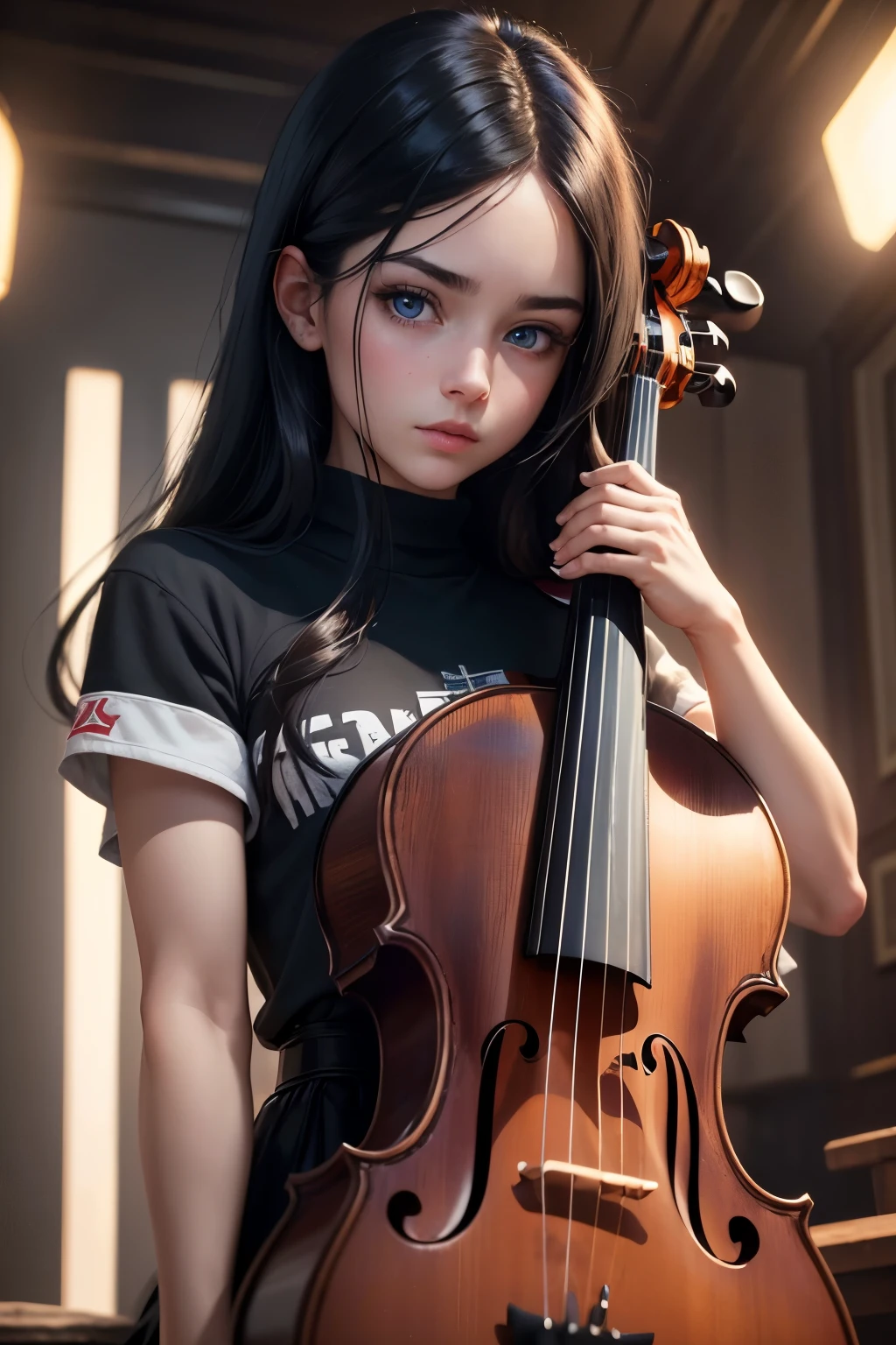 a European child girl with long black hair, arrogant expression, bright blue eyes, red chic modern streetwear clothes, musician, cello player, beautiful detailed eyes, beautiful detailed lips, extremely detailed eyes and face, long eyelashes, portrait, photorealistic, photo-realistic:1.37, (best quality,4k,8k,highres,masterpiece:1.2),ultra-detailed,(realistic,HDR),studio lighting,ultra-fine painting,sharp focus,physically-based rendering,extreme detail description,vivid colors,bokeh, american plan